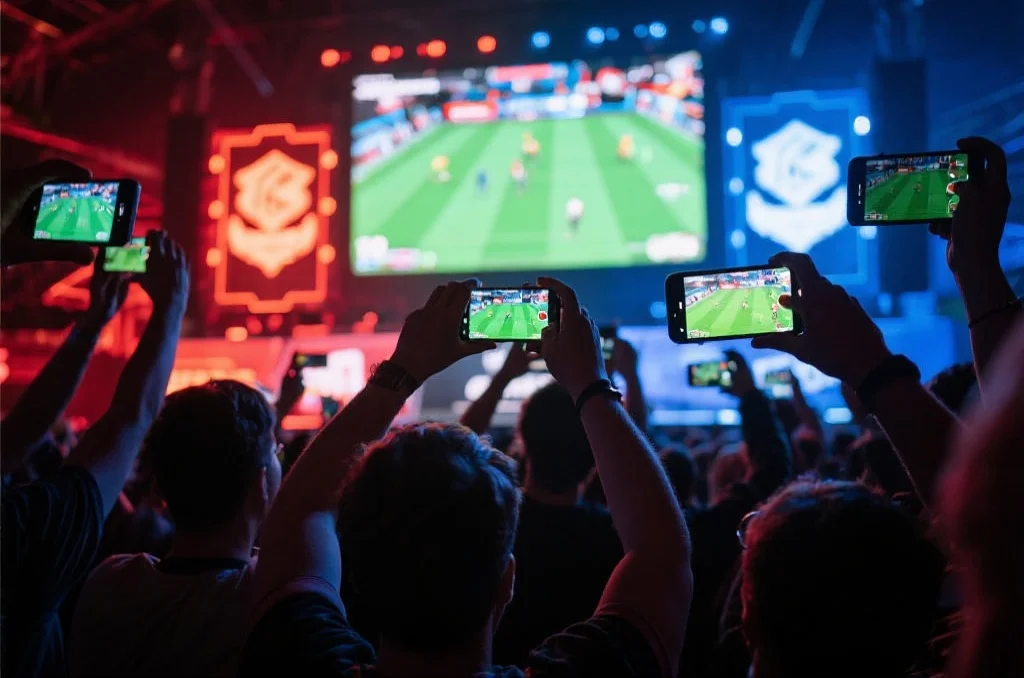 一群电竞粉丝通过手机APP观看S15全球总决赛的激动场景