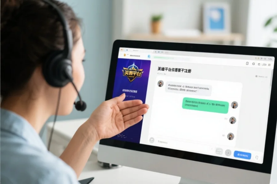 一位客服代表通过在线聊天为用户解答英雄联盟竞猜平台注册相关问题，界面友好，氛围轻松